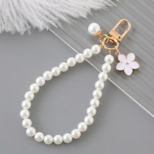 Pearl Beaded Wristlet Keychain / Purse Charm with White Flower